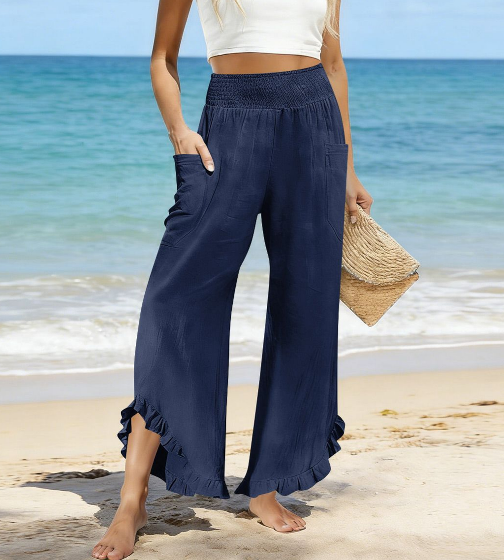Beach Smocked Waist Ruffle Hem Wide Leg Pants
