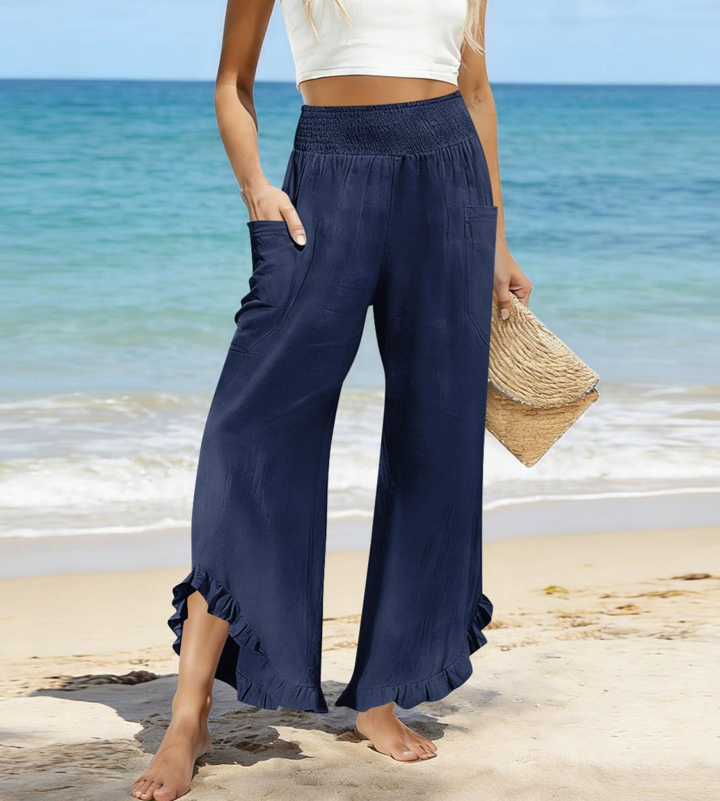 Beach Smocked Waist Ruffle Hem Wide Leg Pants