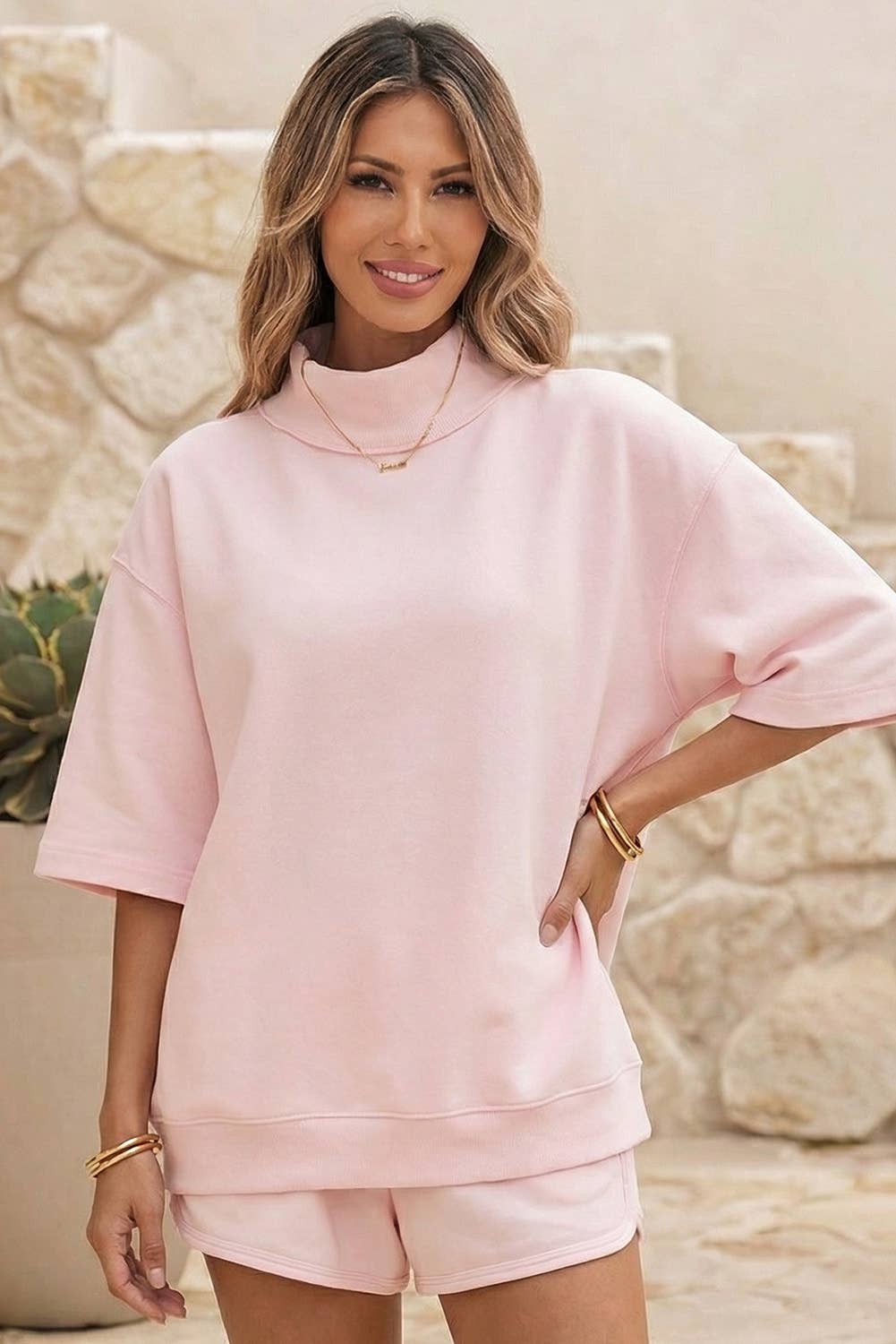 Solid Seam Mock Neck Oversize Tee Shorts 2pcs Outfit| S-4X