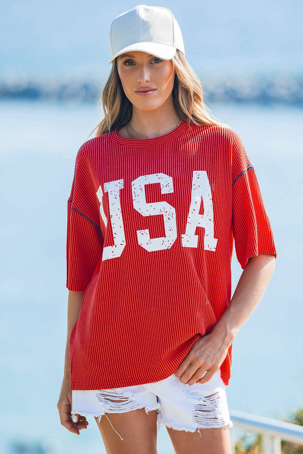 4th of July Loose Ribbed USA Graphic Top S-4X