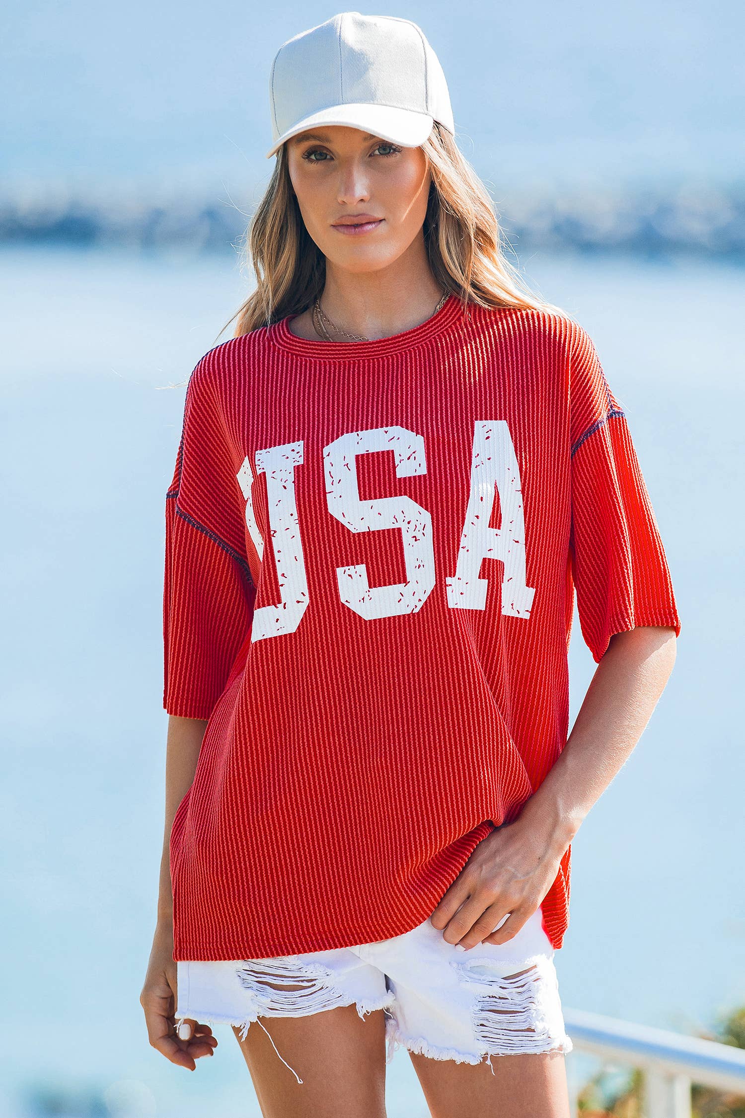 4th of July Loose Ribbed USA Graphic Top S-4X
