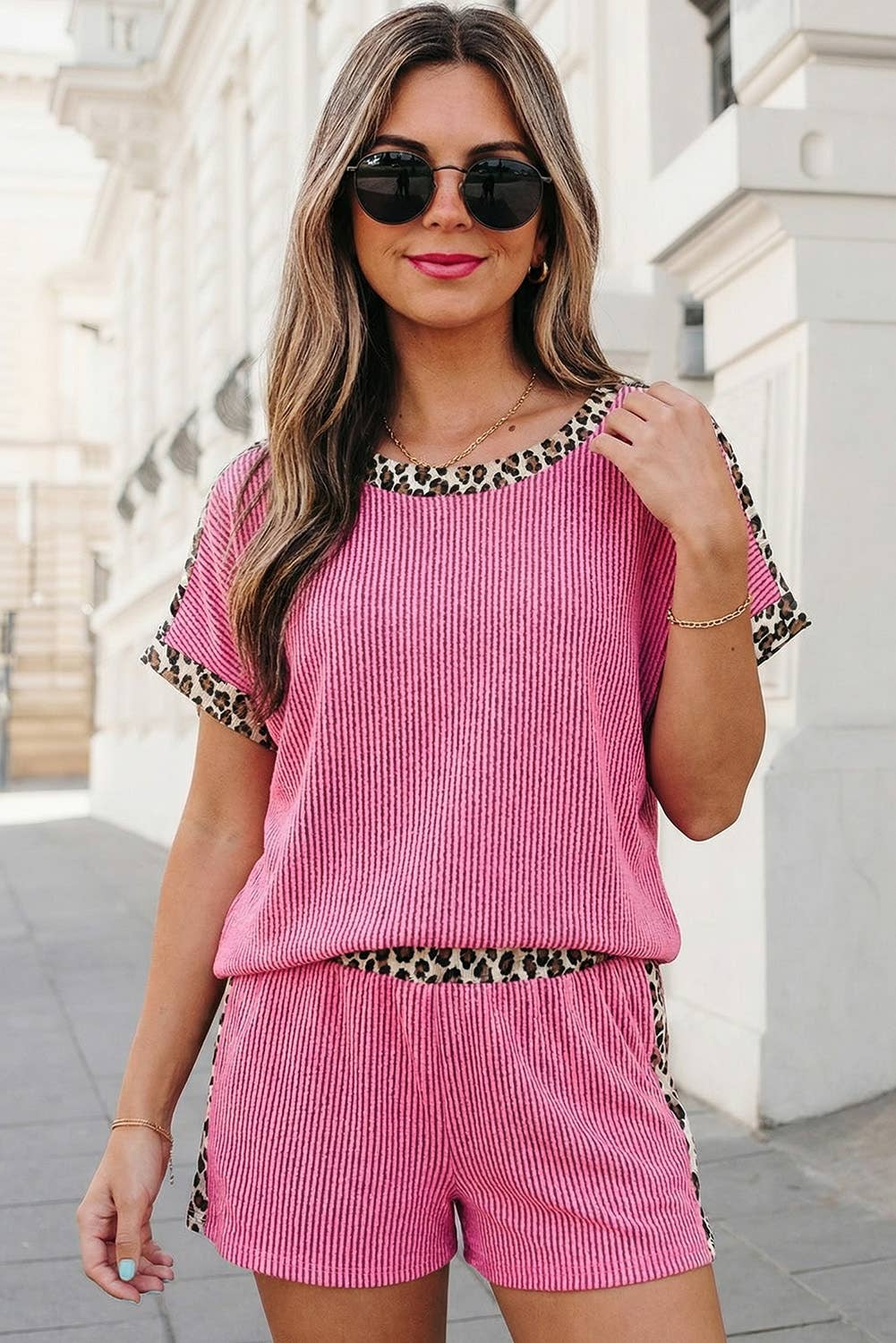 Leopard Trim Twist Ribbed 2pcs Shorts Set | S-XL