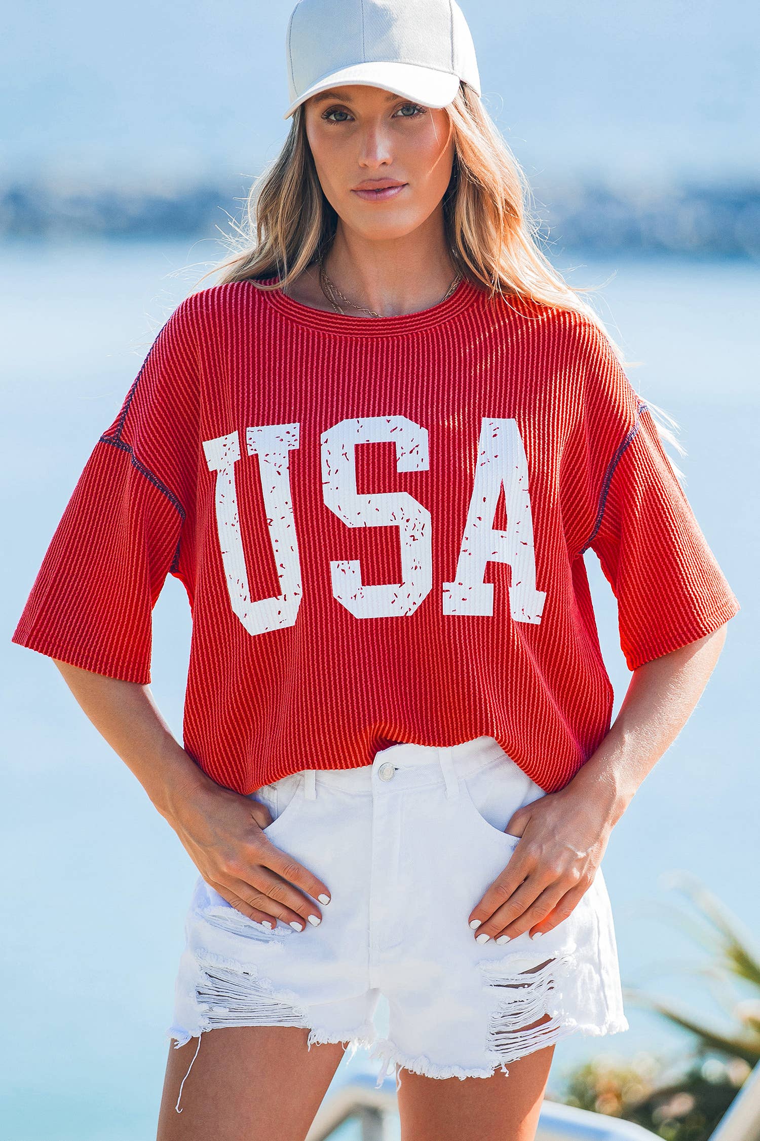 4th of July Loose Ribbed USA Graphic Top S-4X