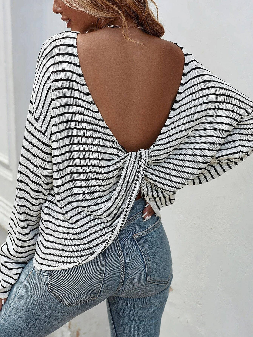 HIDDENBRAND - Striped Sexy Backless Crossover Sweater
