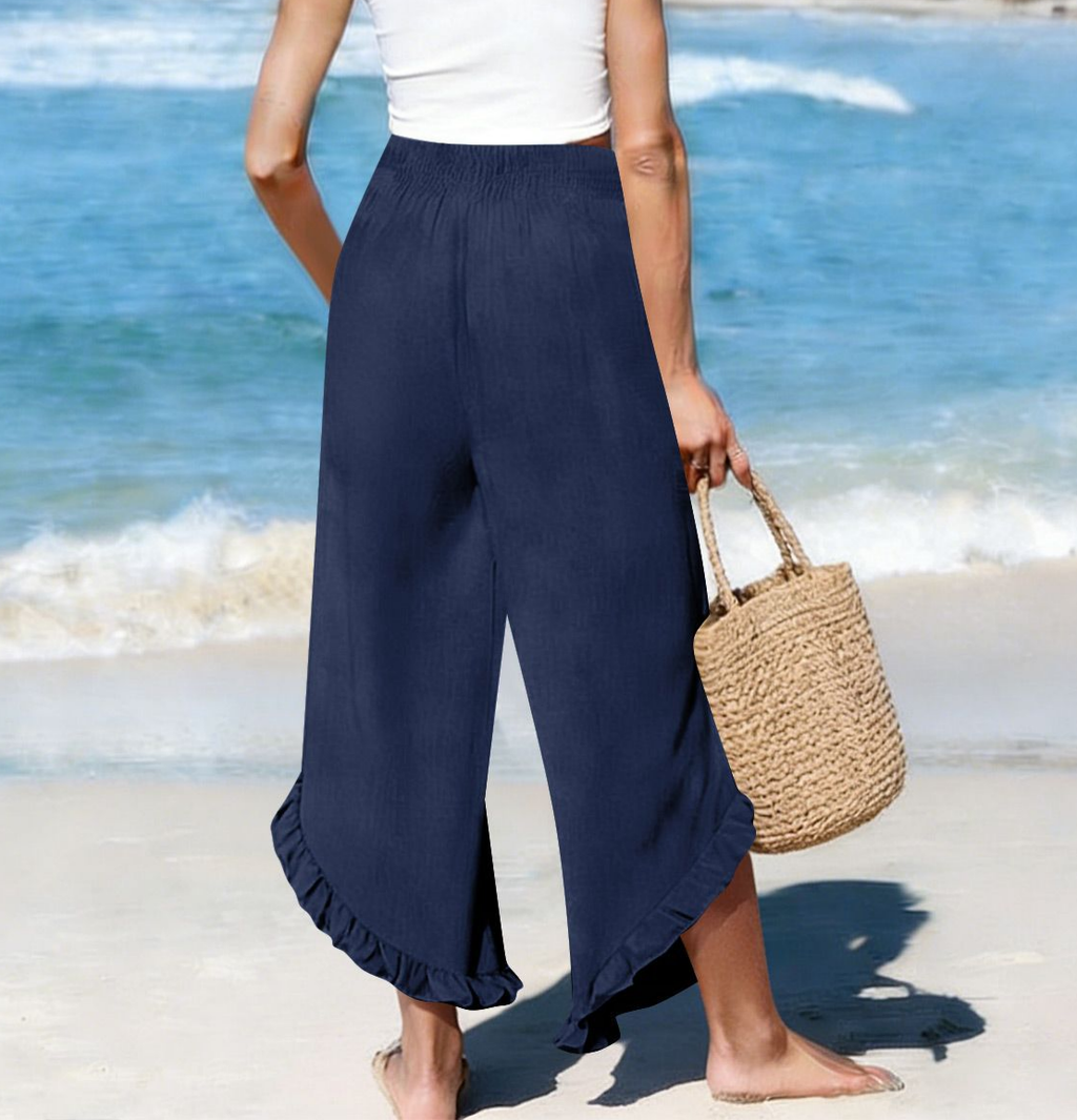 Beach Smocked Waist Ruffle Hem Wide Leg Pants