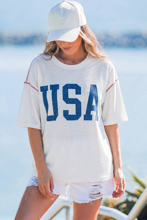 4th of July Loose Ribbed USA Graphic Top S-4X