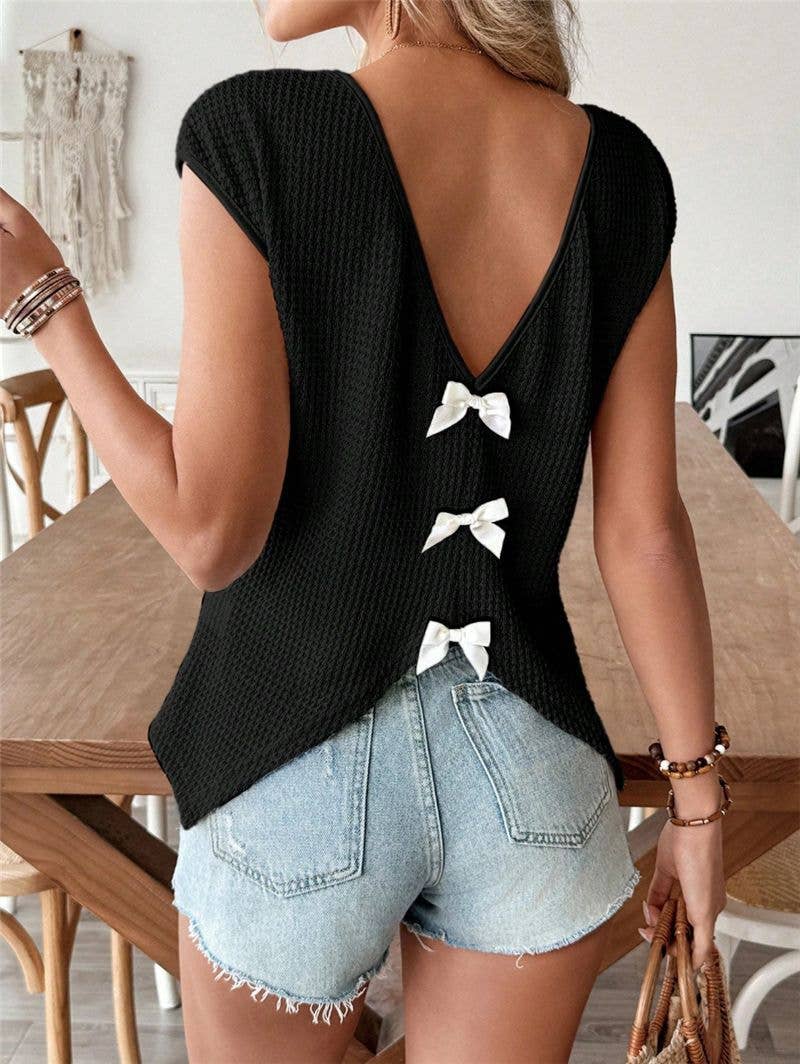 Waffle Knit Bow Decor Backless Top