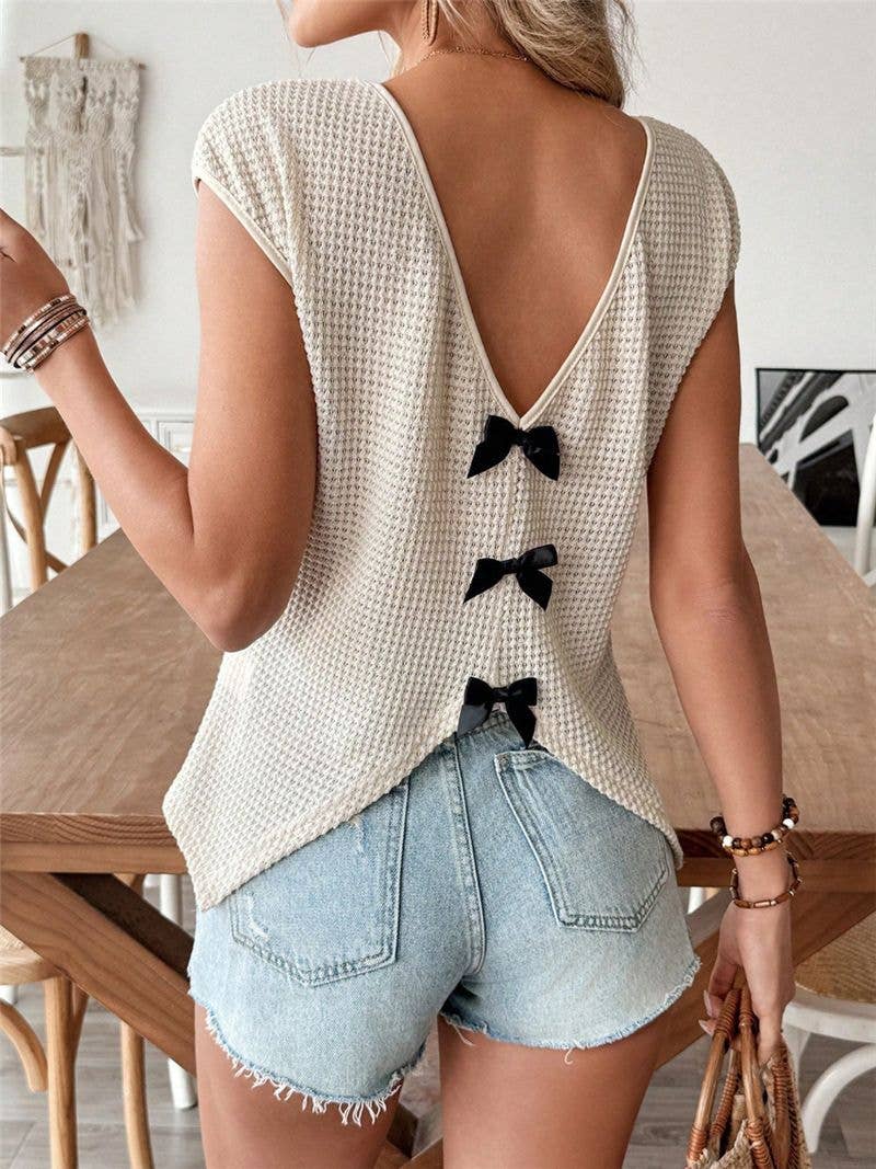 Waffle Knit Bow Decor Backless Top