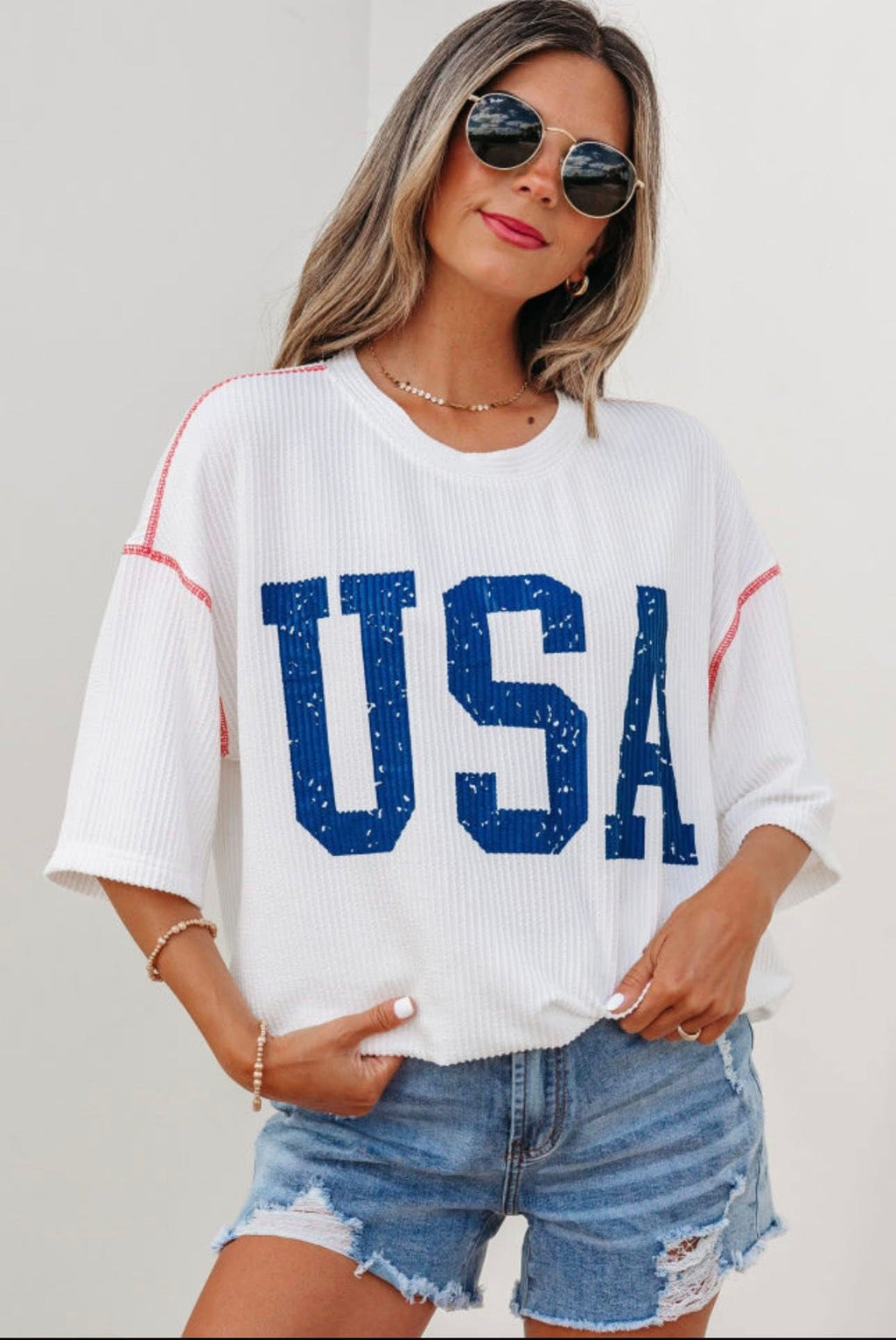 PREORDER USA Graphic Half Sleeve Ribbed Top