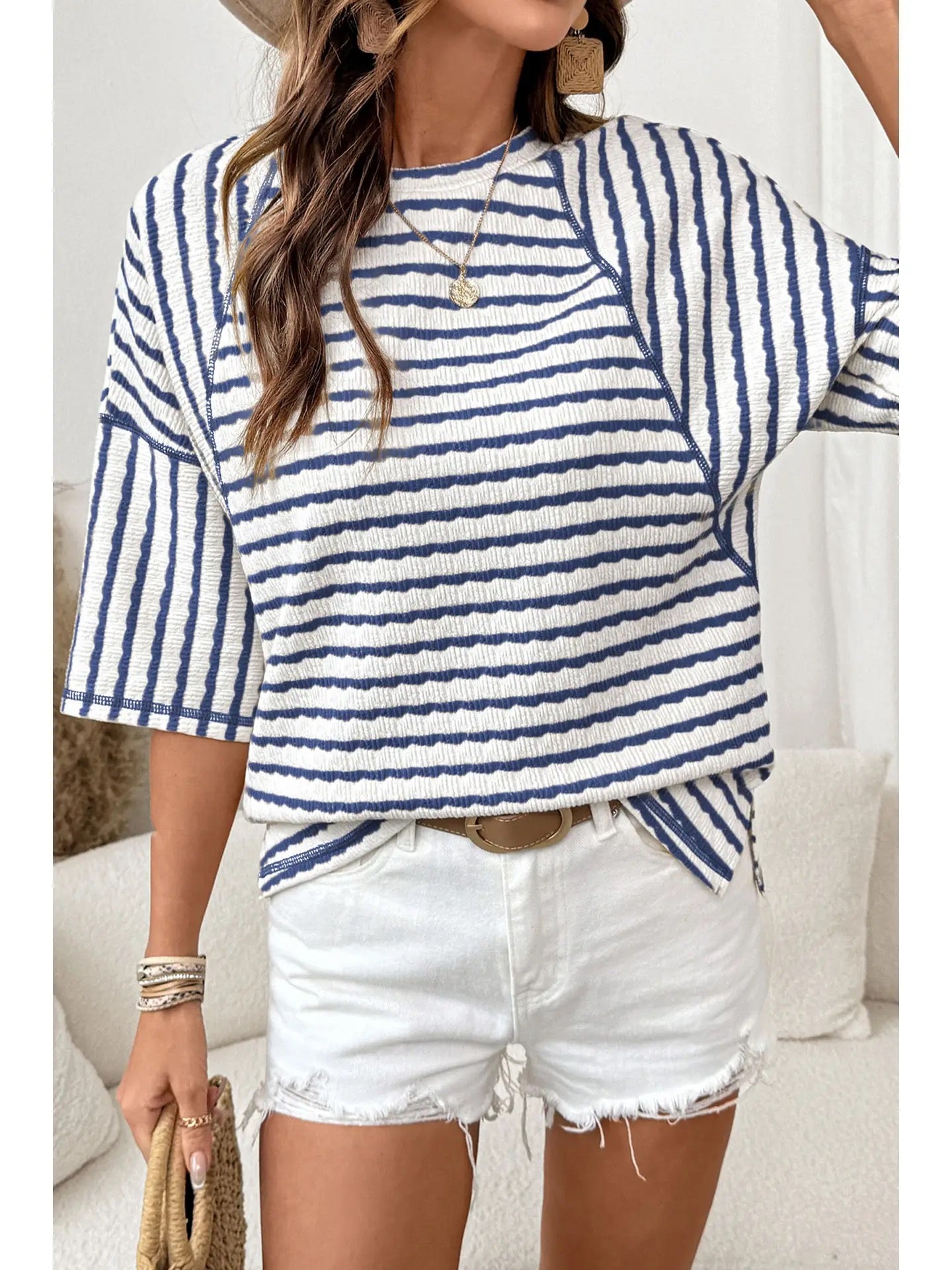 PREORDER Striped Textured Knit Split Hem Half Sleeve Top