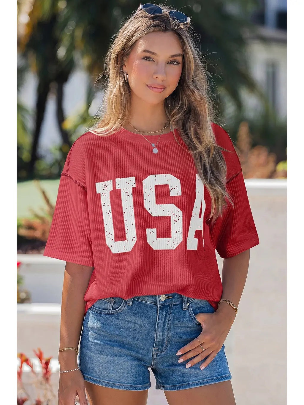 PREORDER USA Graphic Half Sleeve Ribbed Top