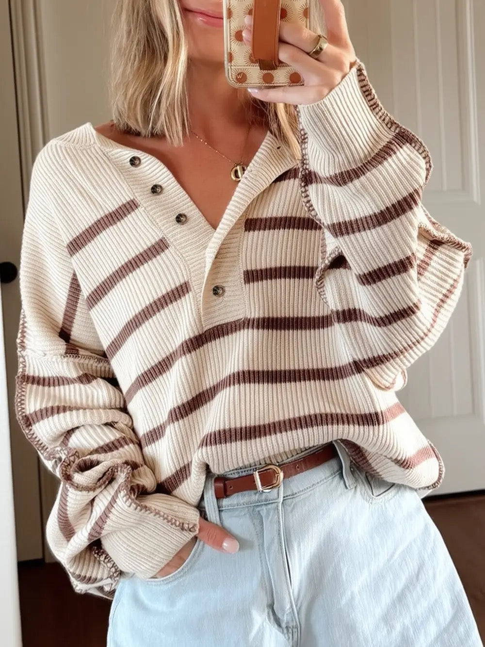 PREORDER Striped Henley Sweater
