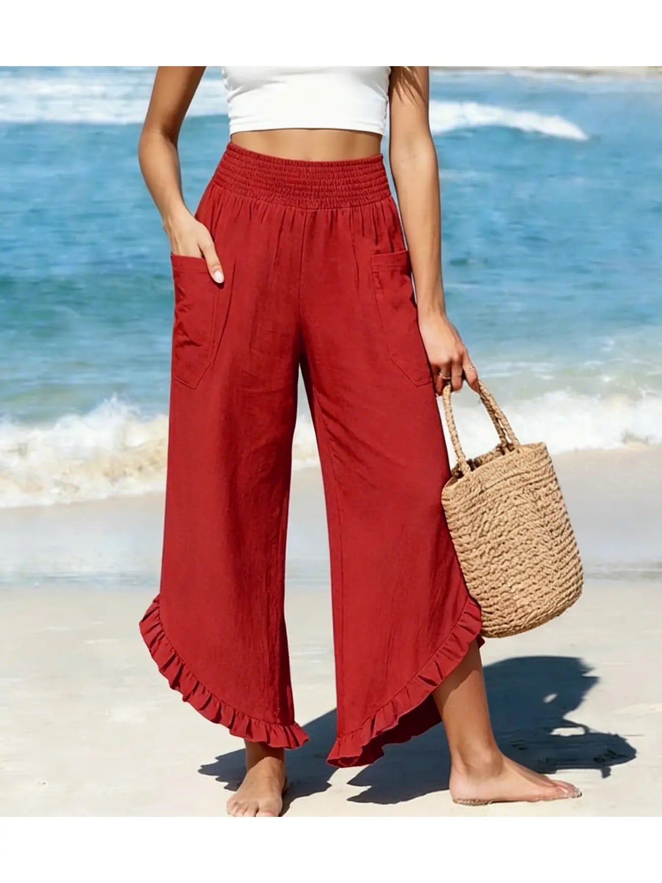PREORDER Smocked Waist Ruffle Hem Wide Leg Pants