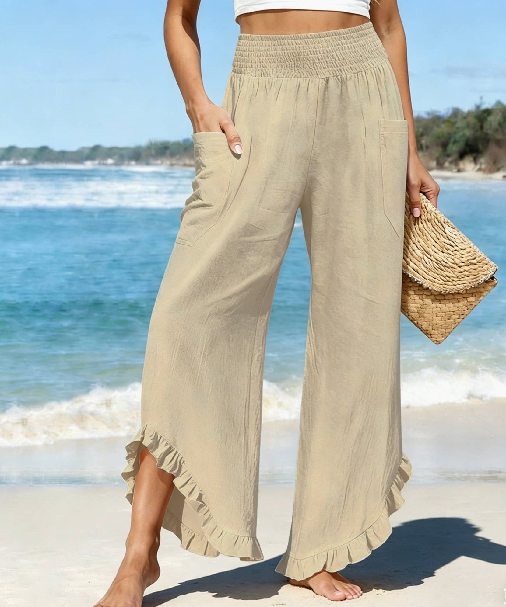 Beach Smocked Waist Ruffle Hem Wide Leg Pants