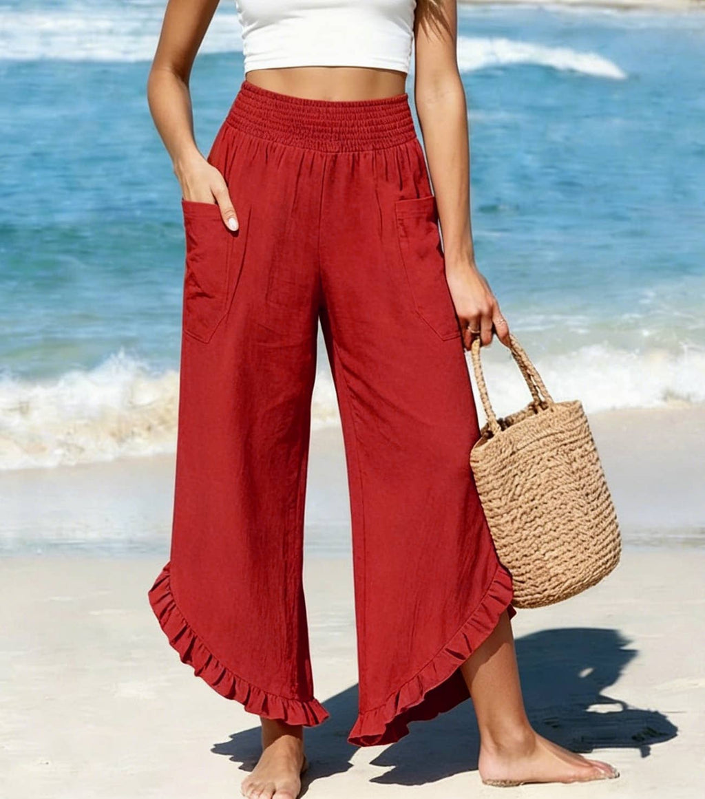 Beach Smocked Waist Ruffle Hem Wide Leg Pants
