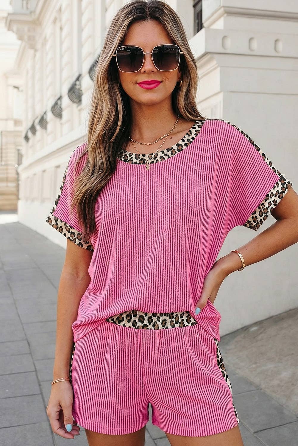 Leopard Trim Twist Ribbed 2pcs Shorts Set | S-XL