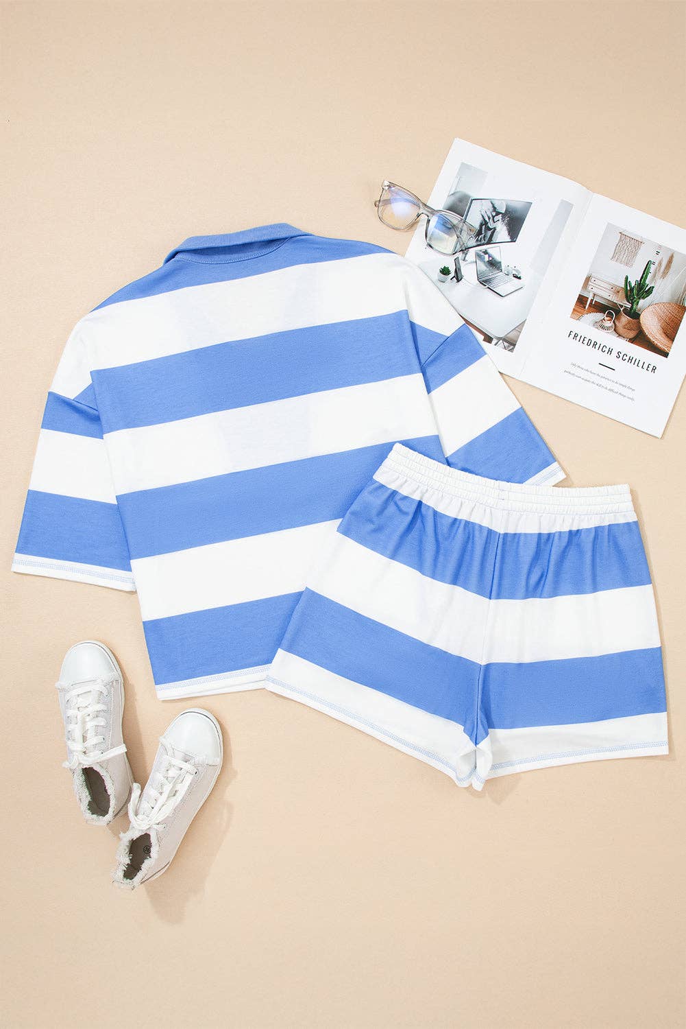 Stripe Half Zip Oversize Tee and Shorts Set