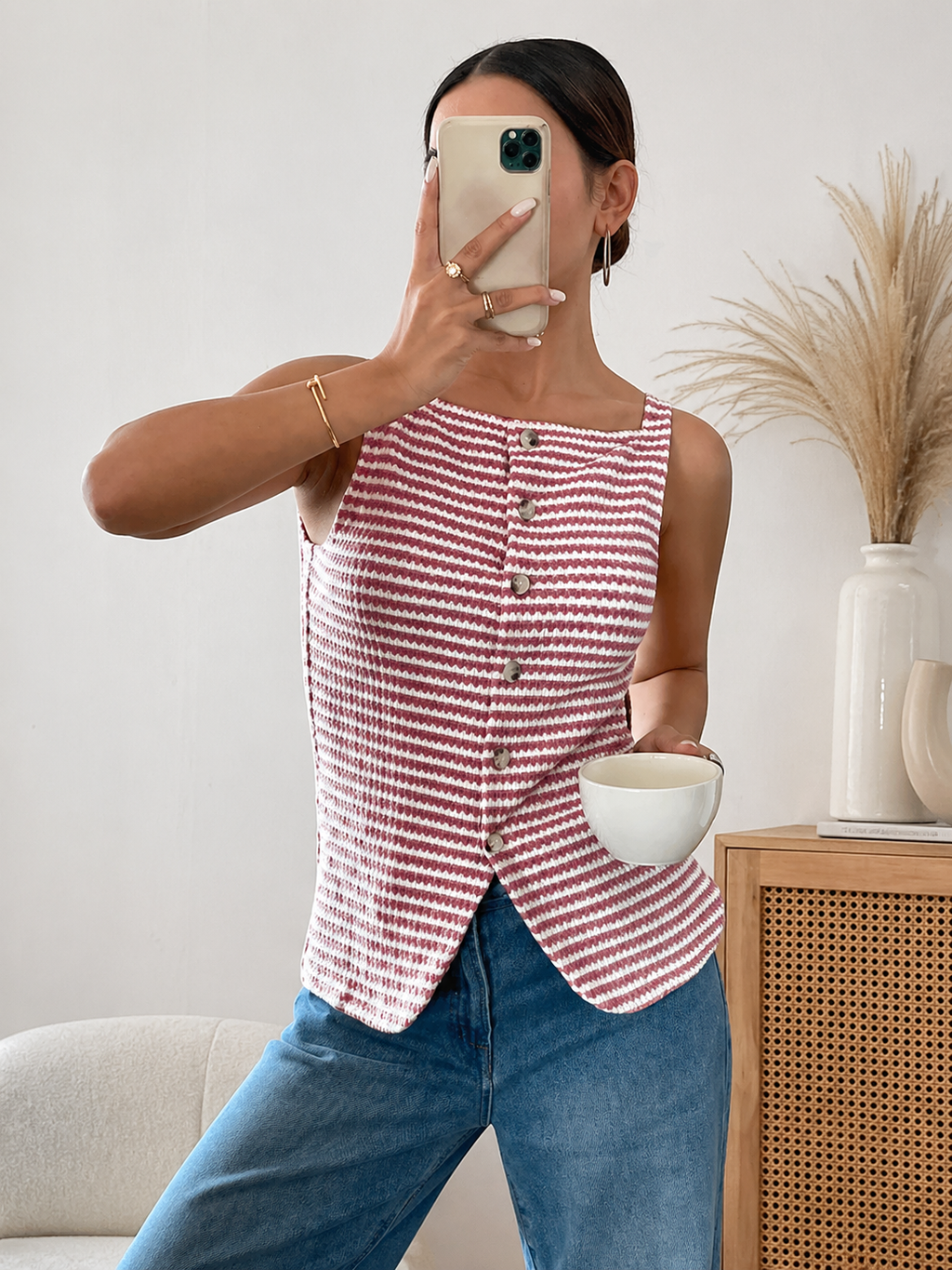 Striped Knit Tank Button Front Sleeveless Casual Summer Top