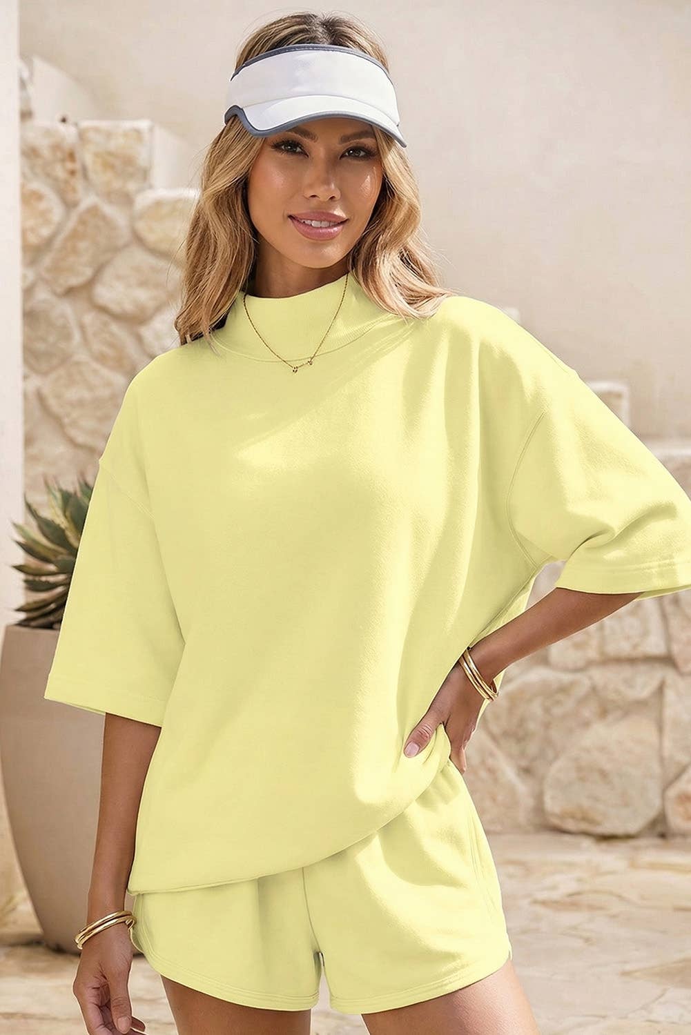 Solid Seam Mock Neck Oversize Tee Shorts 2pcs Outfit| S-4X